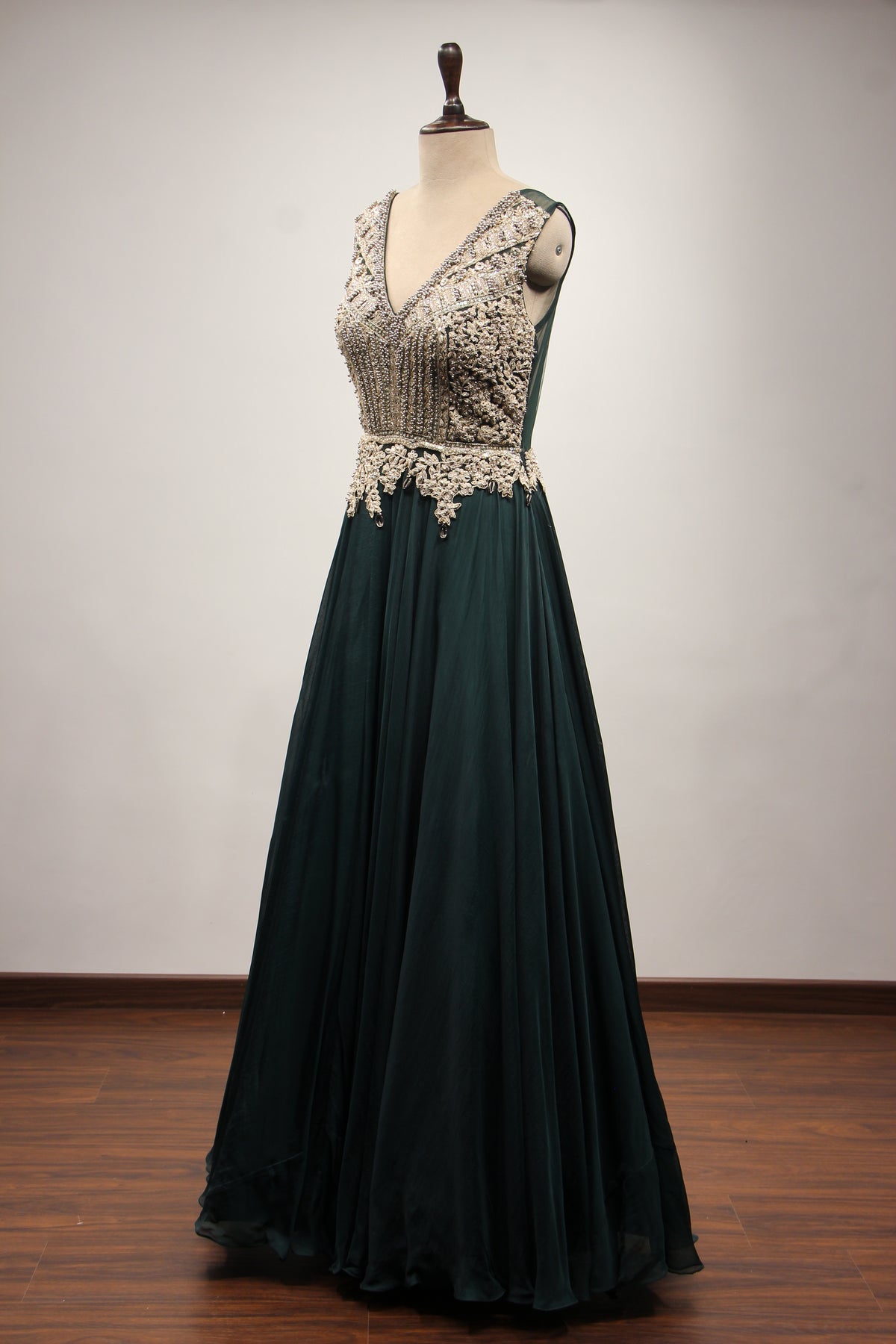Bottle Green Organza Floor Length Gown with Zari & Bead Handwork – side view