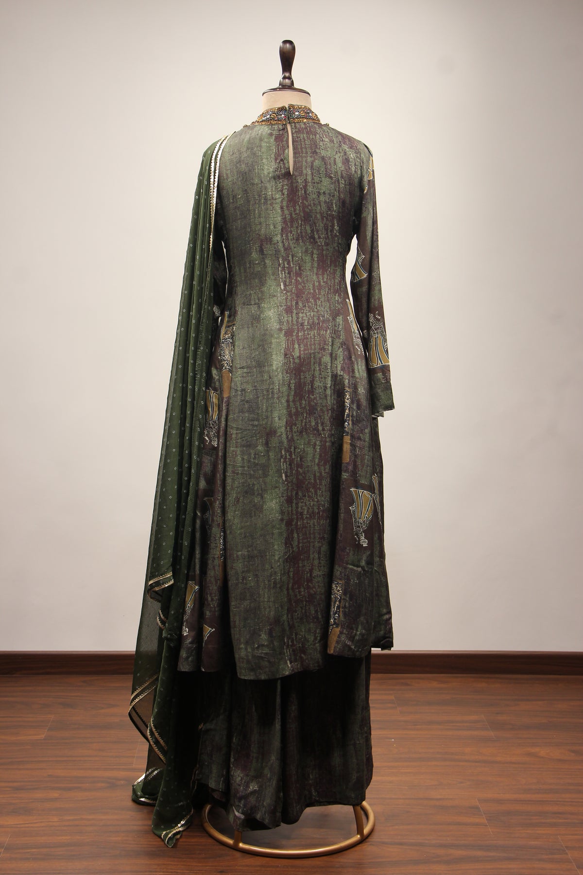 Dusty Green Rayon A-Line Suit with Embroidery & Resham Handwork