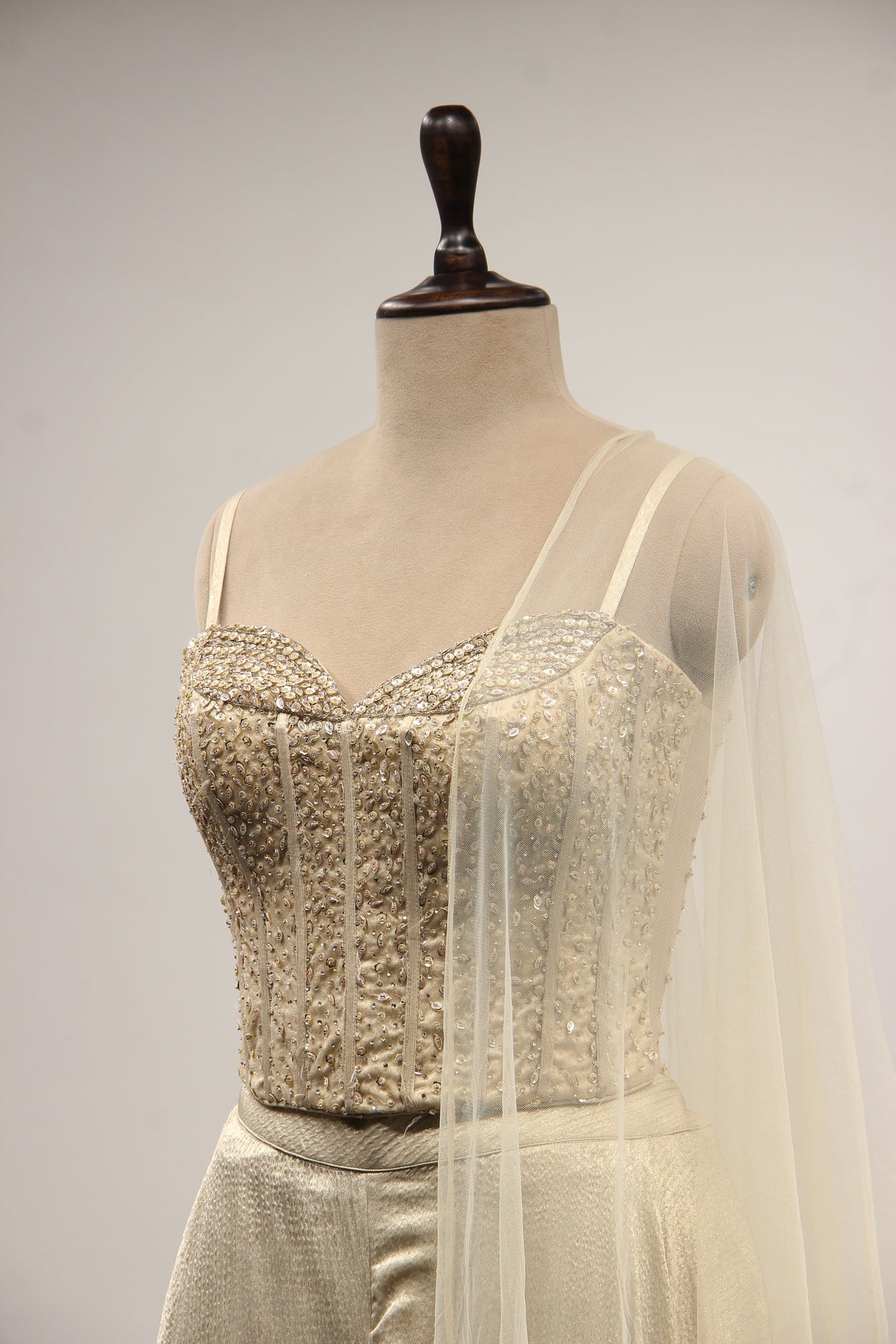Imported Cream Indo Western Net Corset Palazzo with Cut Dana & Sequin Handwork