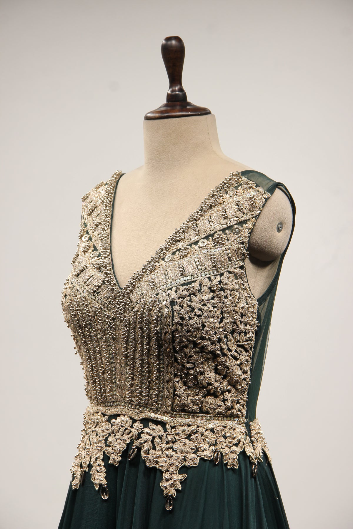 Bottle Green Organza Floor Length Gown with Zari & Bead Handwork – side close-up