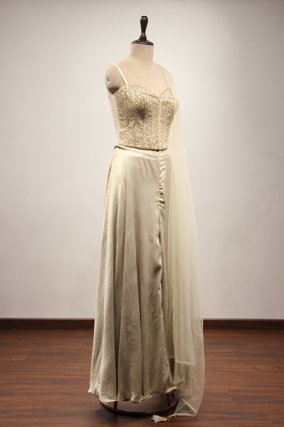 Imported Cream Indo Western Net Corset Palazzo with Cut Dana & Sequin Handwork