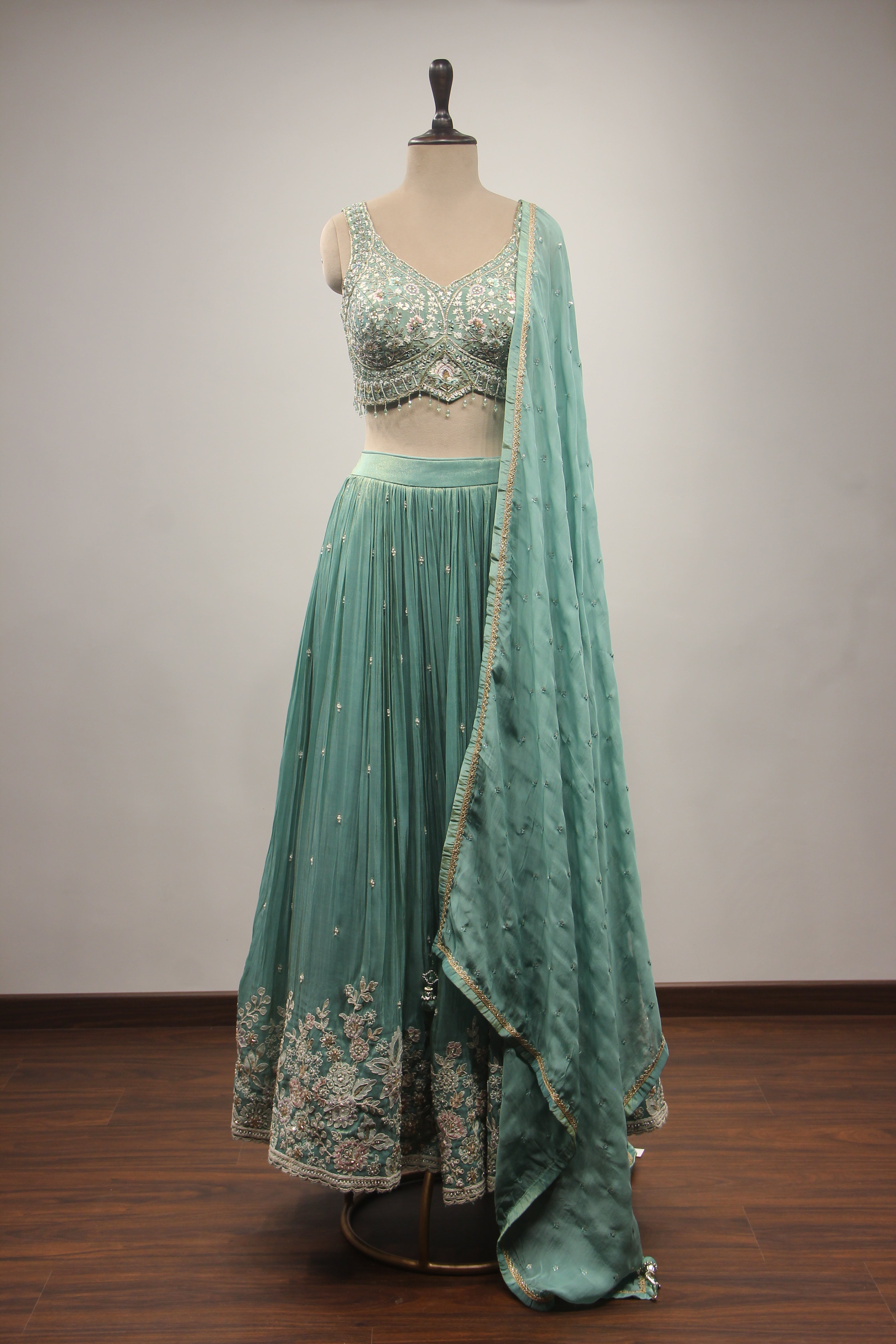 Tissue Lehenga with Resham & Sequin Handwork Floral Crop Top