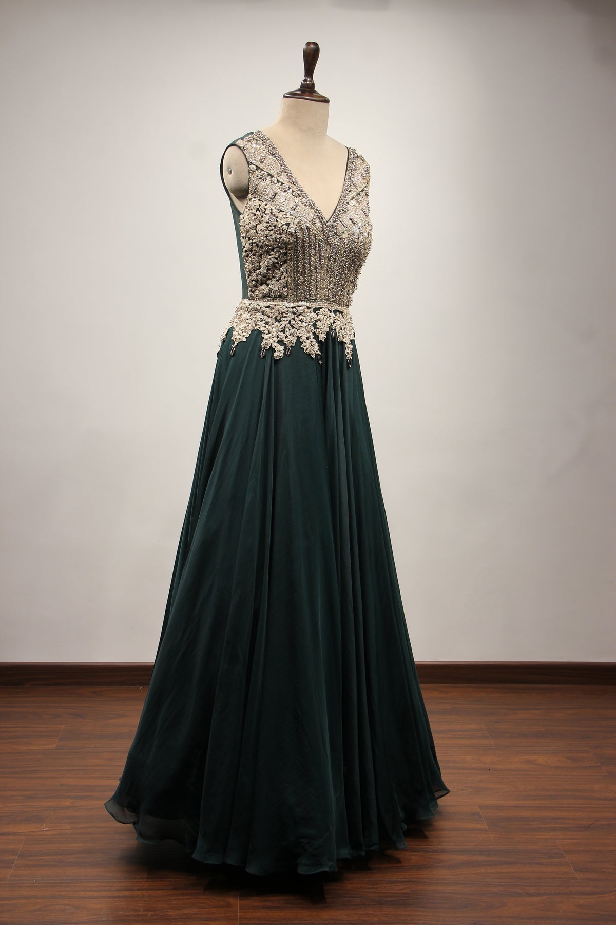 Bottle Green Organza Floor Length Gown with Zari & Bead Handwork – other side view