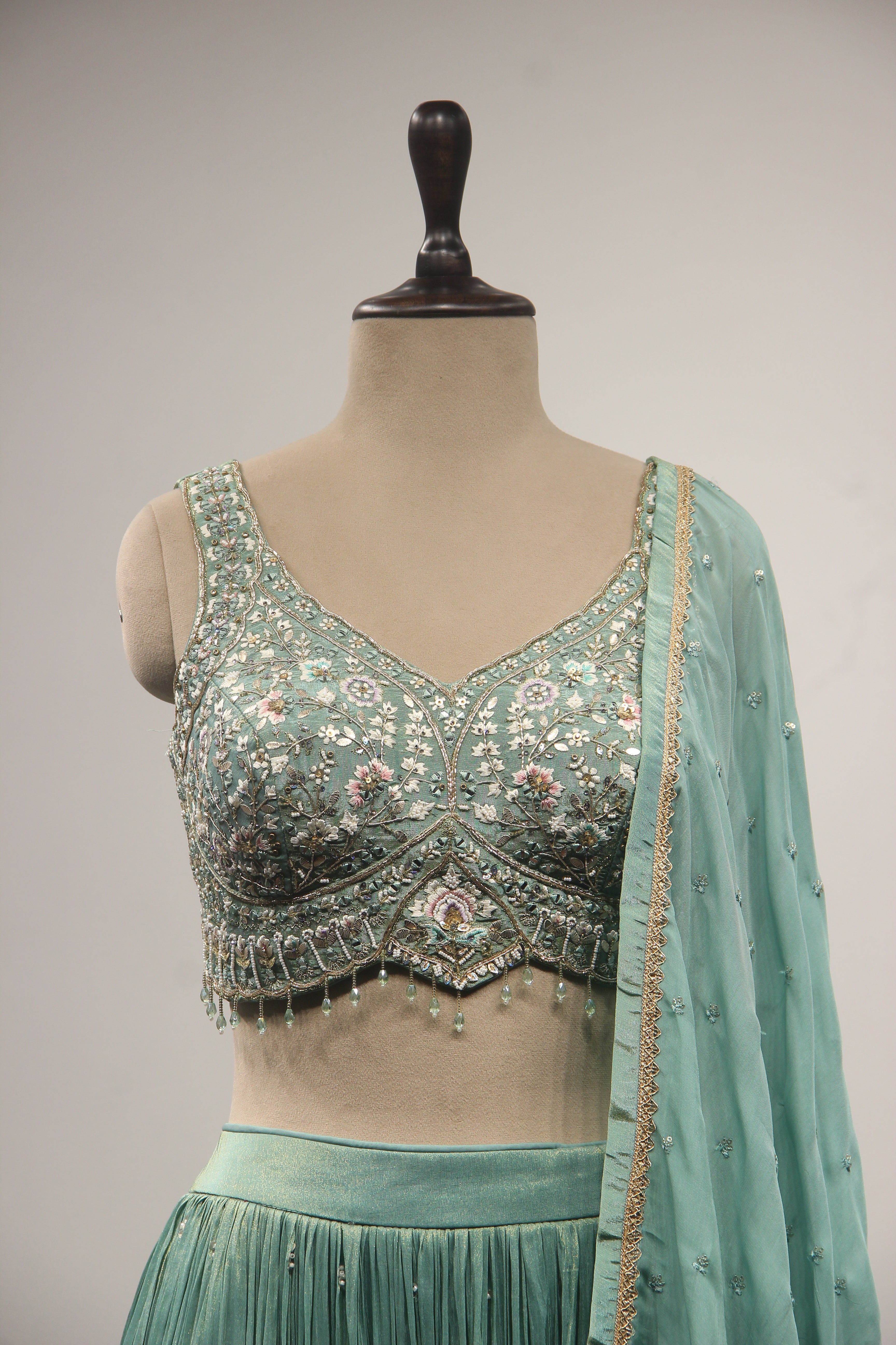 Tissue Lehenga with Resham & Sequin Handwork Floral Crop Top