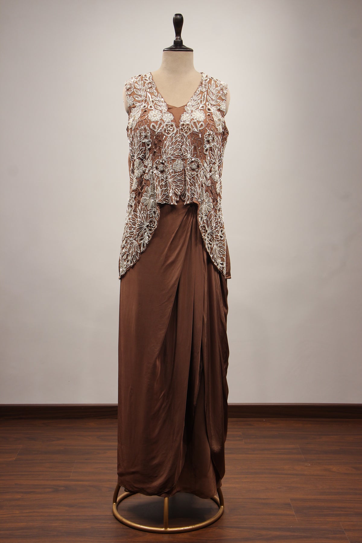 Crepe Brown Long Top Cowl Skirt with Cut Dana & Sequin Handwork