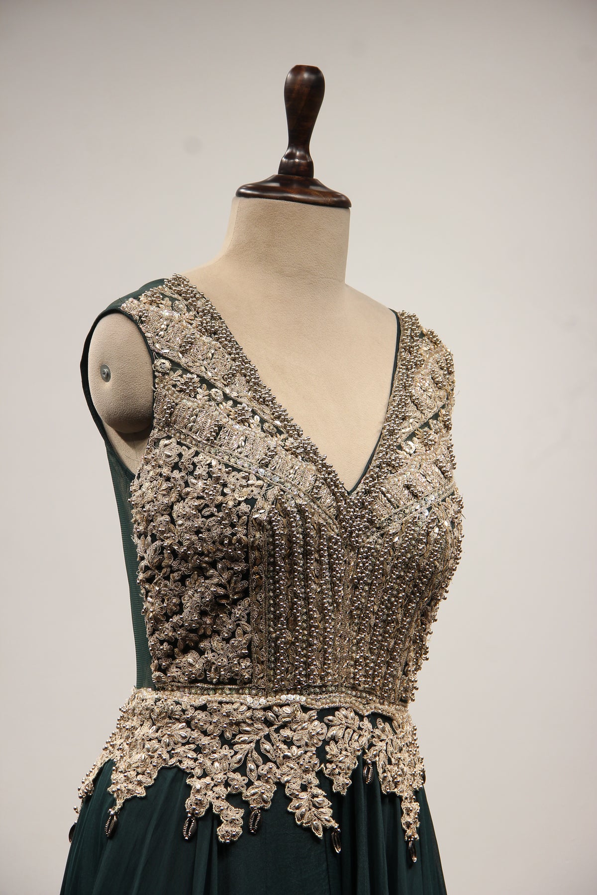 Bottle Green Organza Floor Length Gown with Zari & Bead Handwork – other side close-up