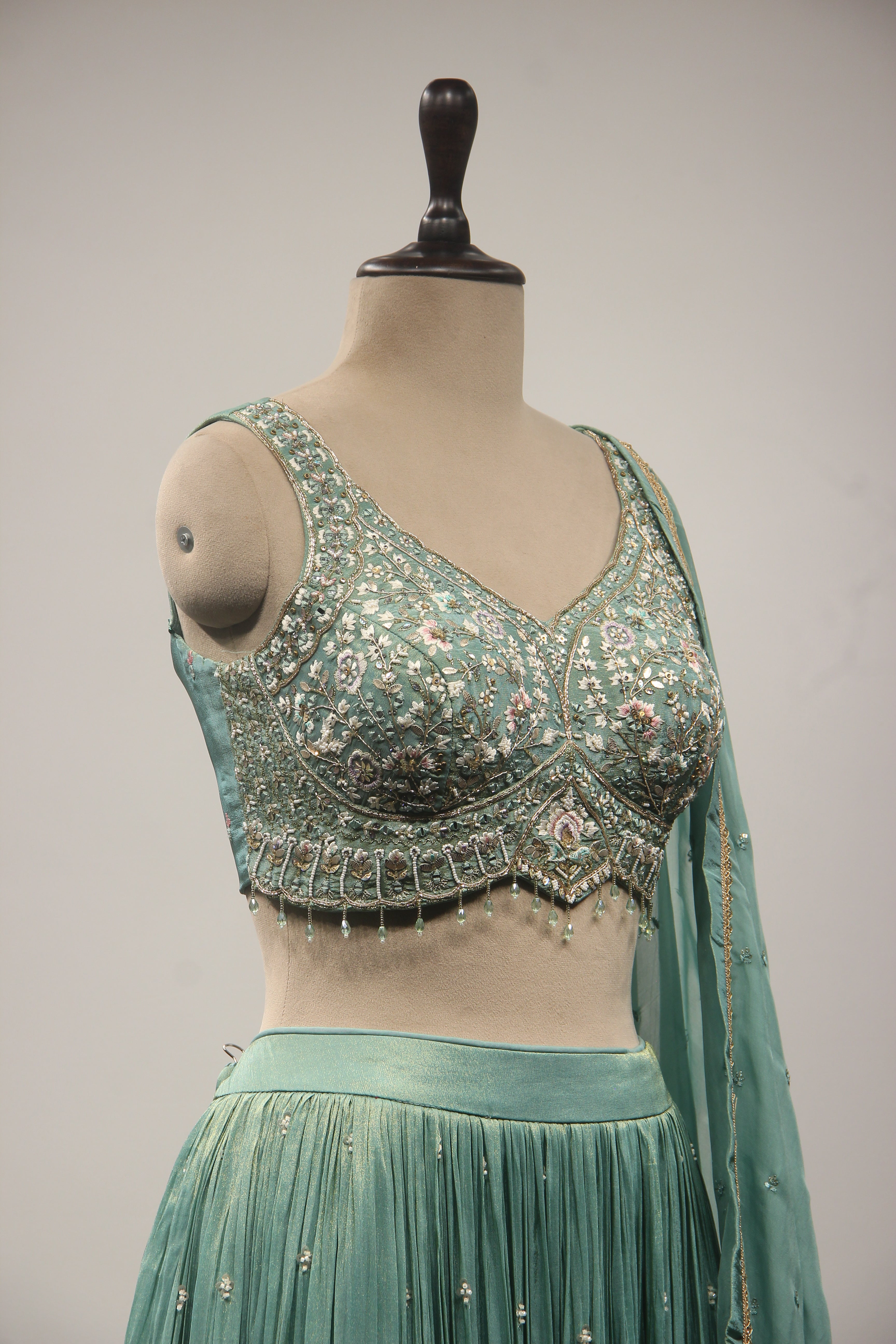 Tissue Lehenga with Resham & Sequin Handwork Floral Crop Top