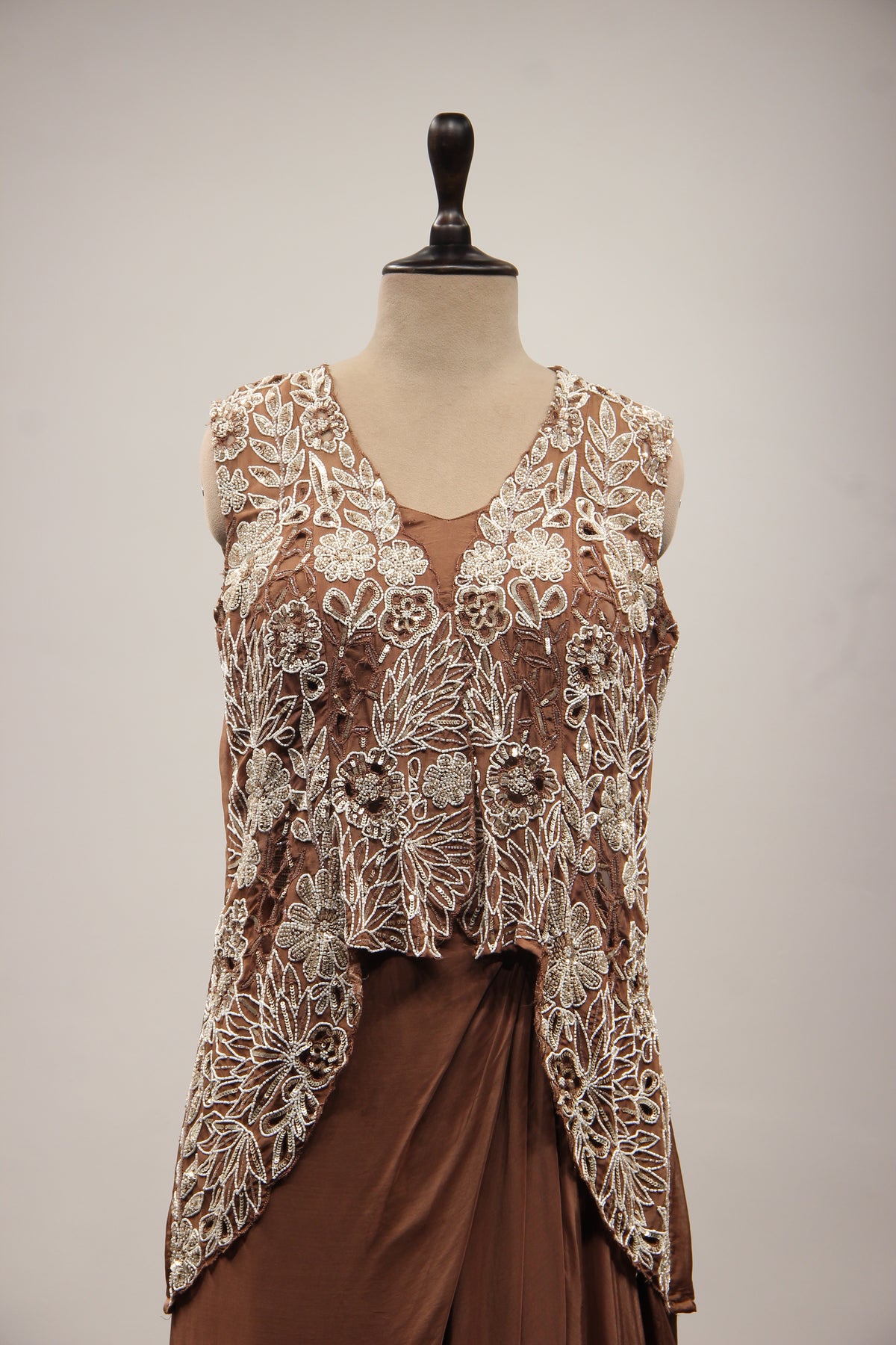 Crepe Brown Long Top Cowl Skirt with Cut Dana & Sequin Handwork
