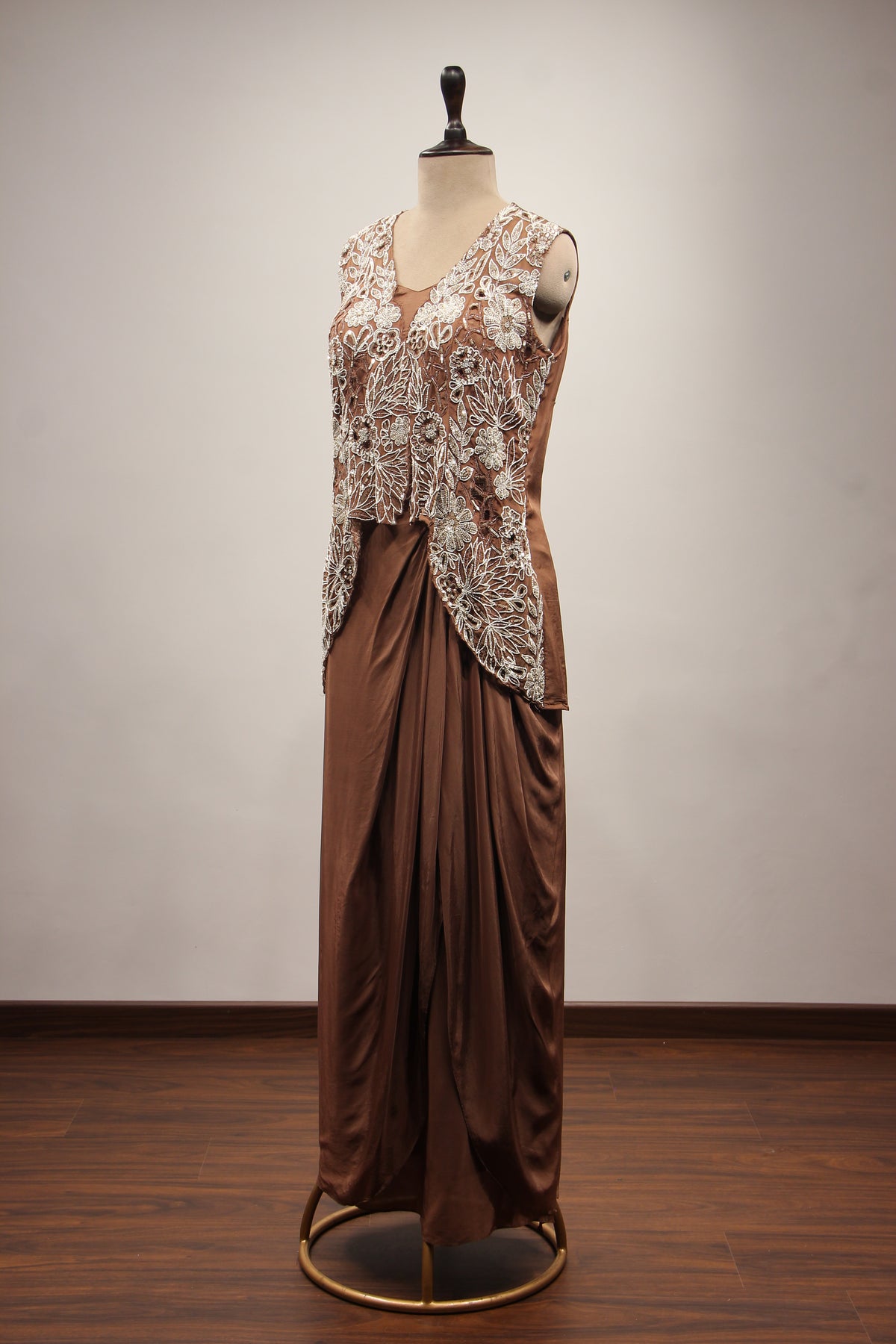 Crepe Brown Long Top Cowl Skirt with Cut Dana & Sequin Handwork