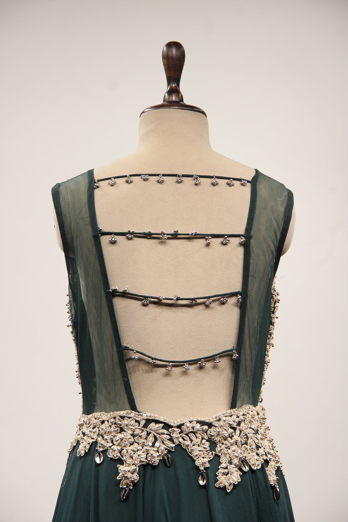 Bottle Green Organza Floor Length Gown with Zari & Bead Handwork – back close-up