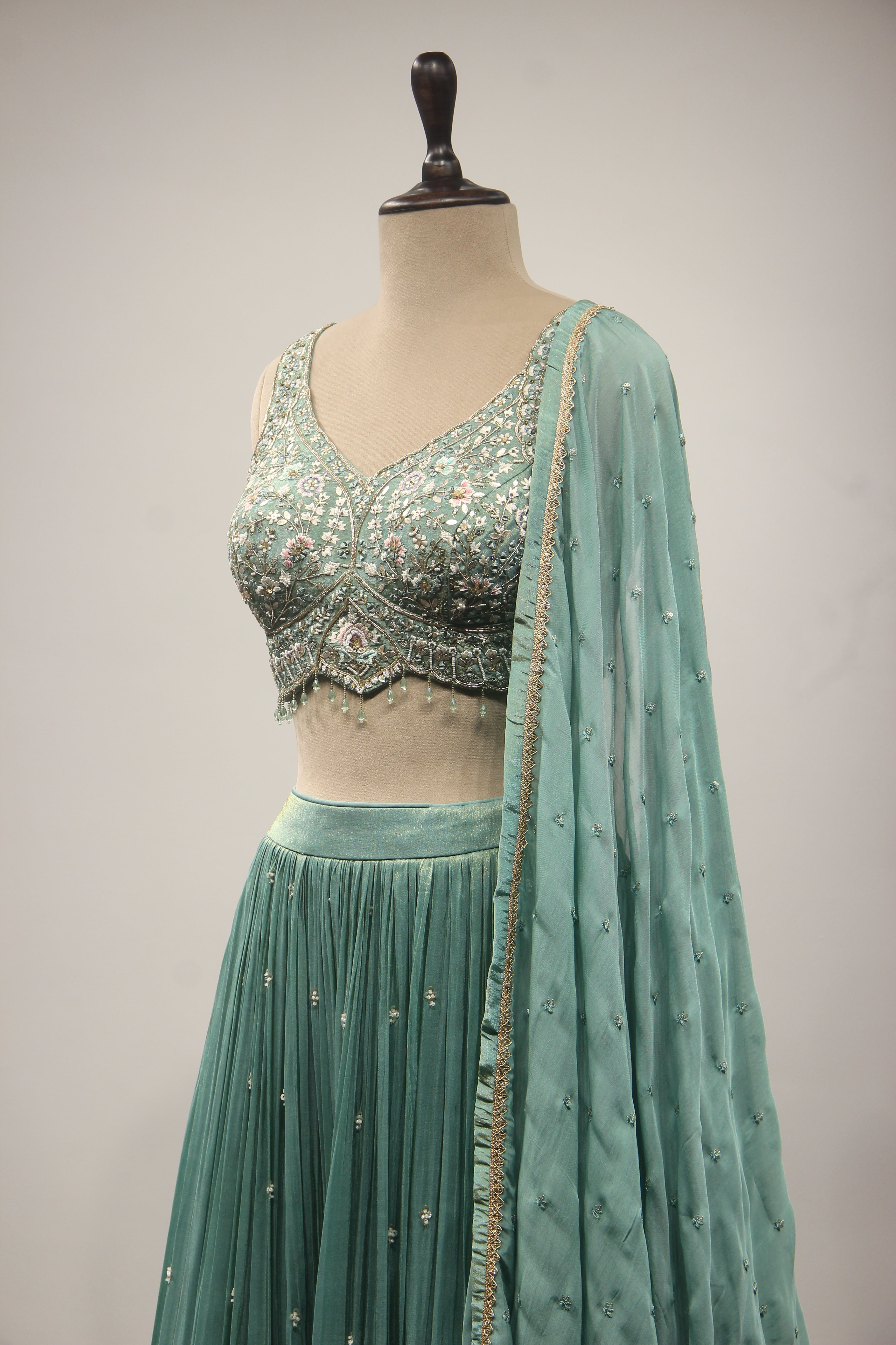 Tissue Lehenga with Resham & Sequin Handwork Floral Crop Top