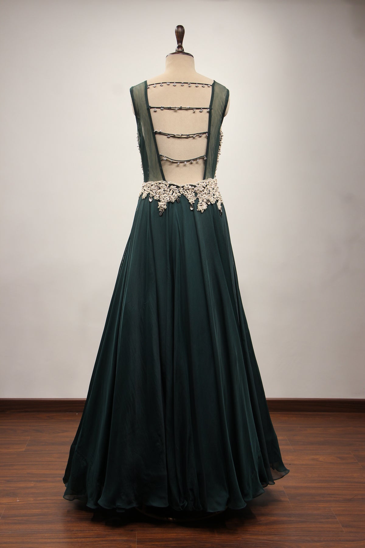 Bottle Green Organza Floor Length Gown with Zari & Bead Handwork – back view
