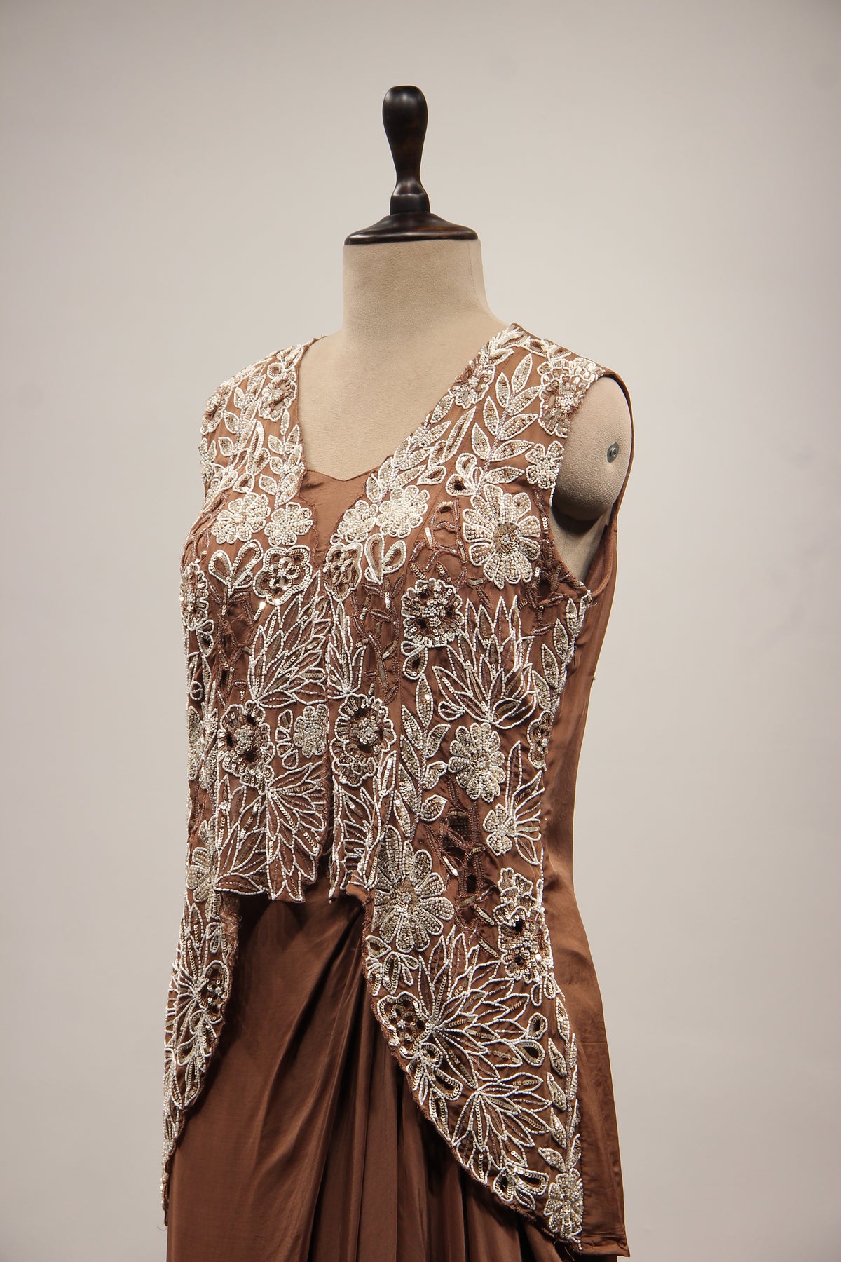 Crepe Brown Long Top Cowl Skirt with Cut Dana & Sequin Handwork