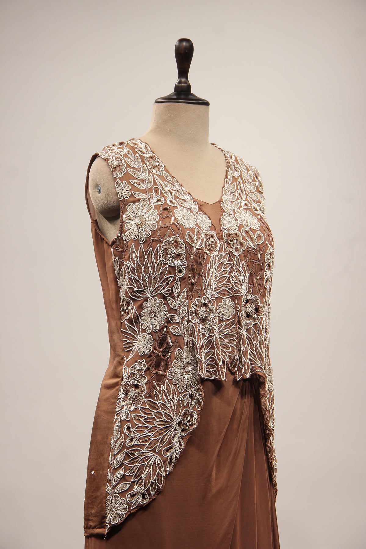Crepe Brown Long Top Cowl Skirt with Cut Dana & Sequin Handwork