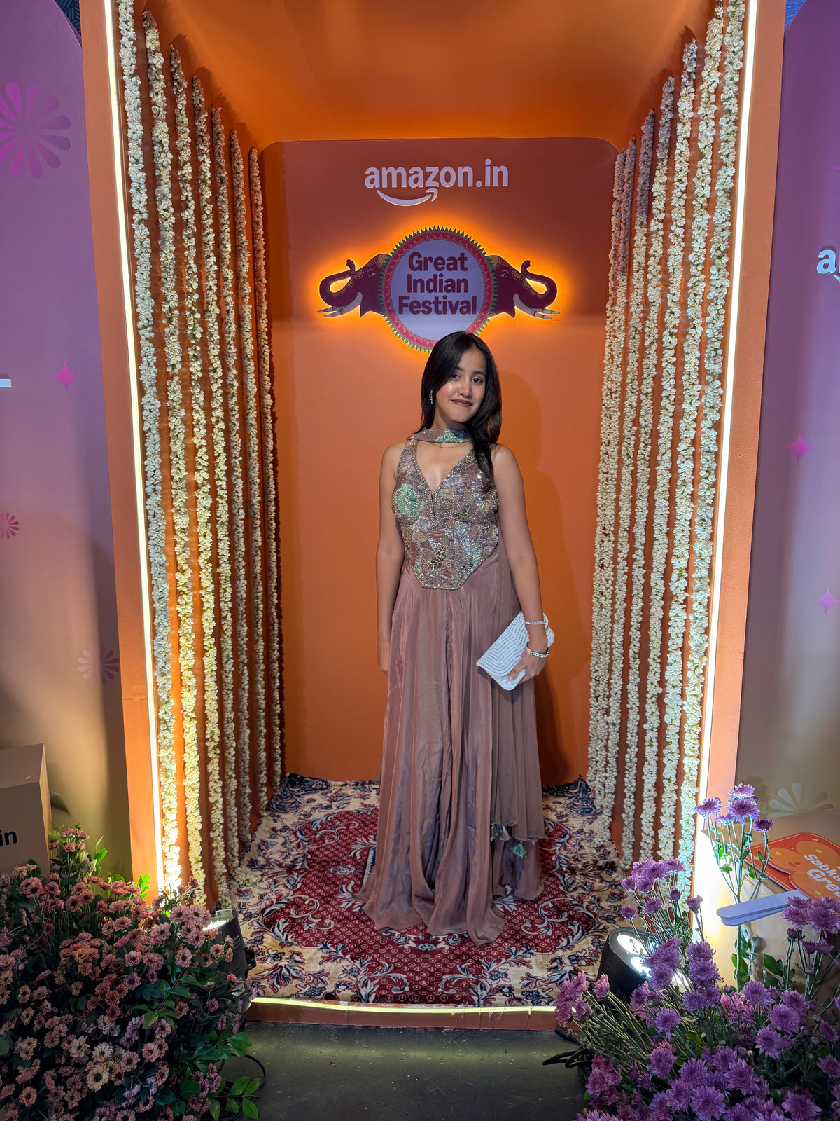 Crepe Floral Corset Indo Western Palazzo in Cut Dana & Sequin Handwork in Brown – worn look