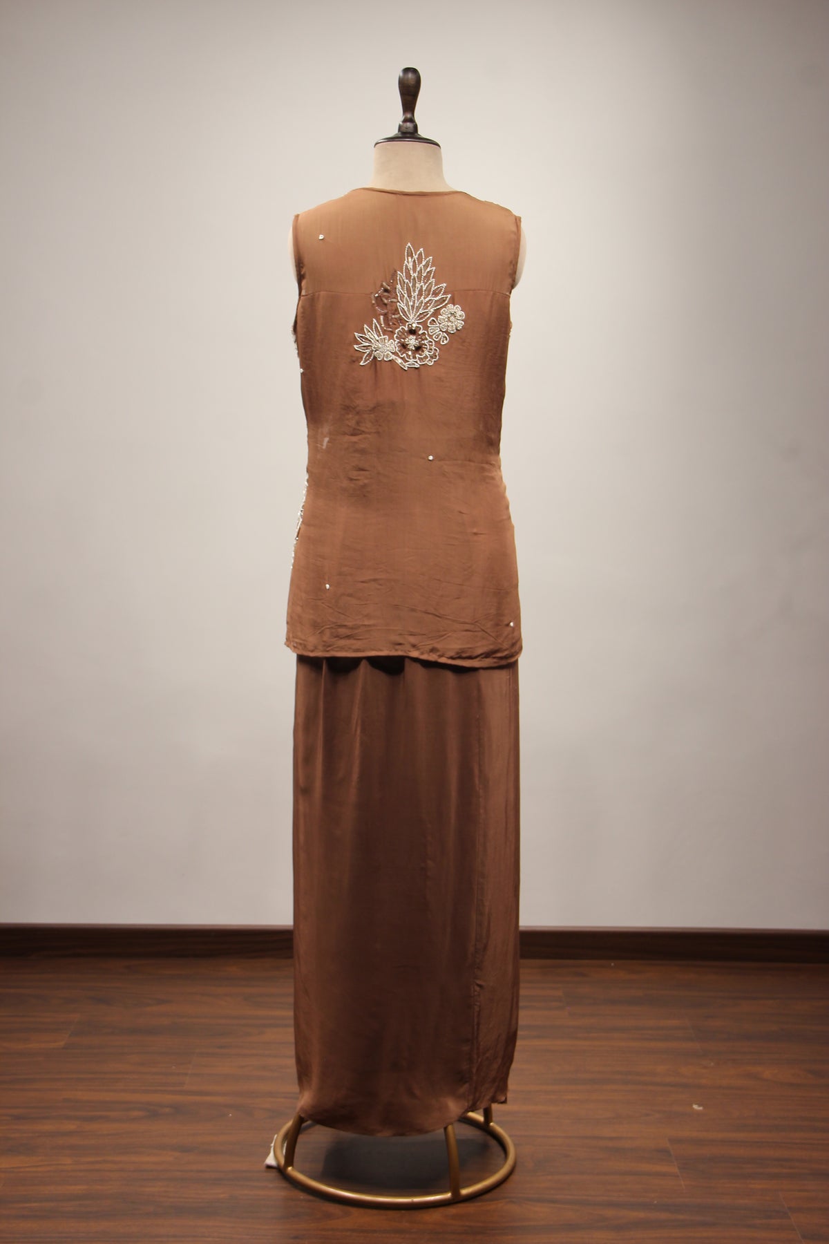 Crepe Brown Long Top Cowl Skirt with Cut Dana & Sequin Handwork