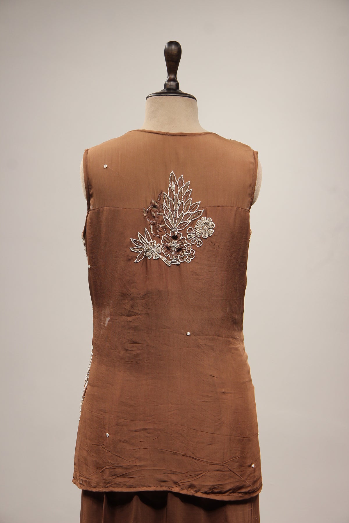Crepe Brown Long Top Cowl Skirt with Cut Dana & Sequin Handwork