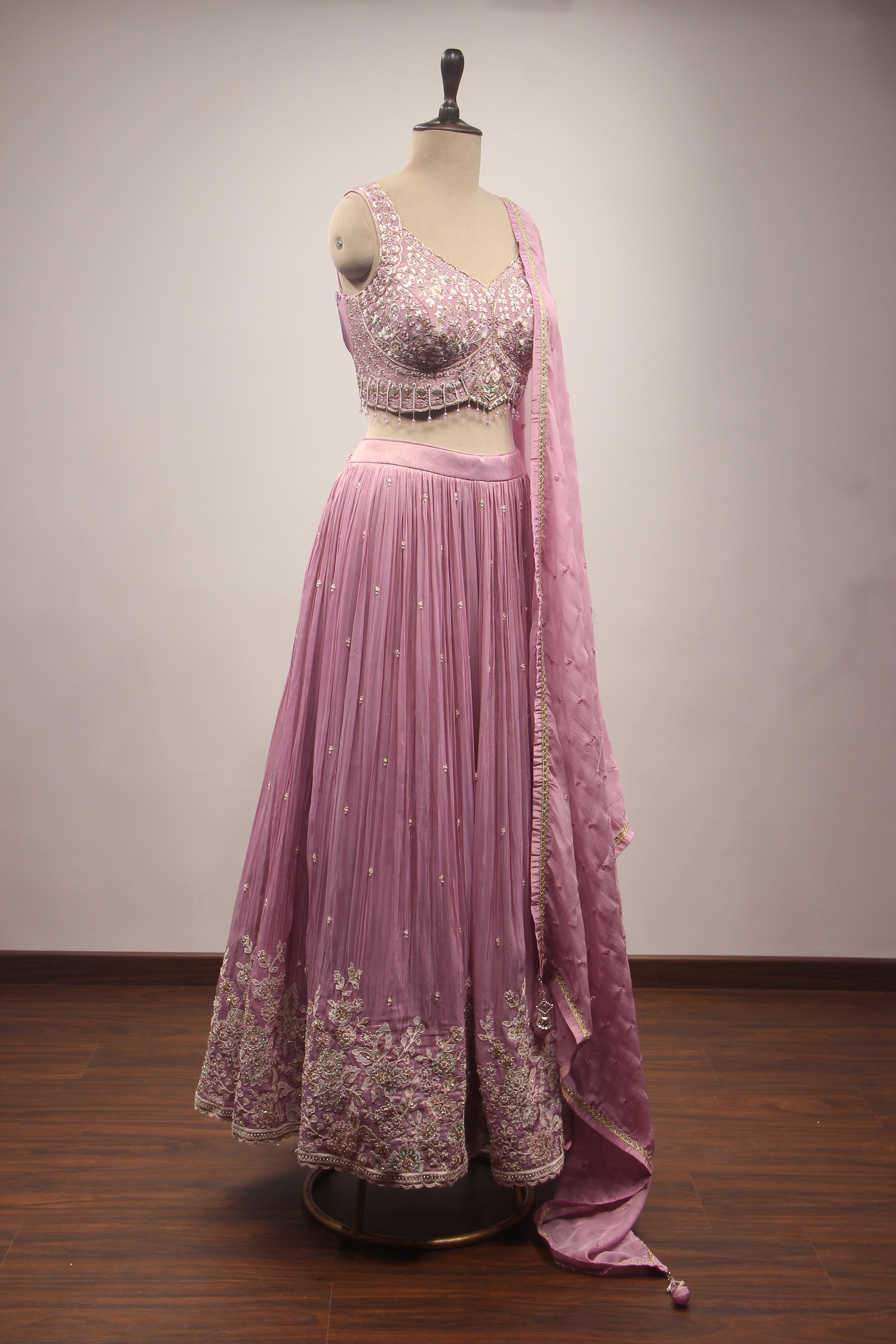 Tissue Lehenga with Resham & Sequin Handwork Floral Crop Top