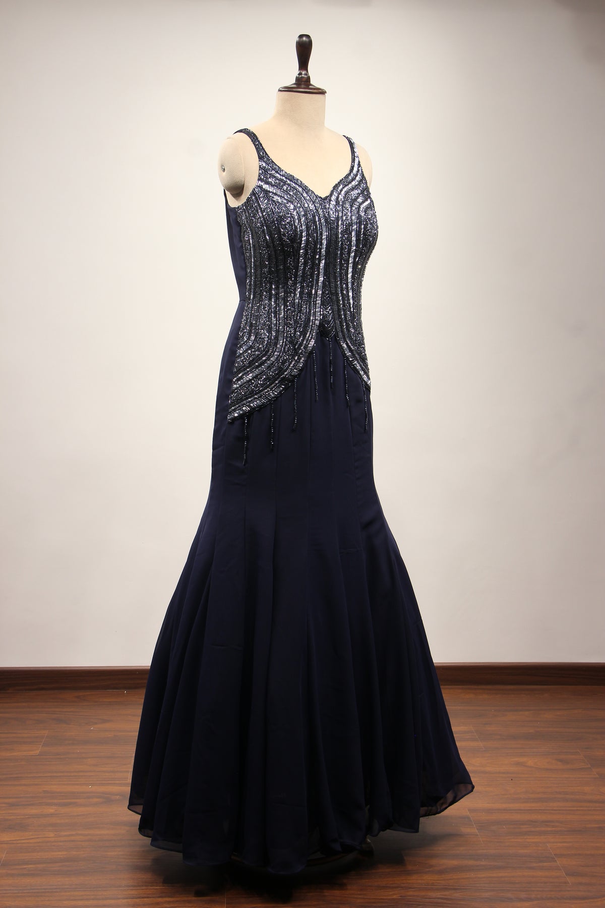 Navy Blue Georgette Mermaid Gown with Cut Dana & Sequin Handwork – other side view