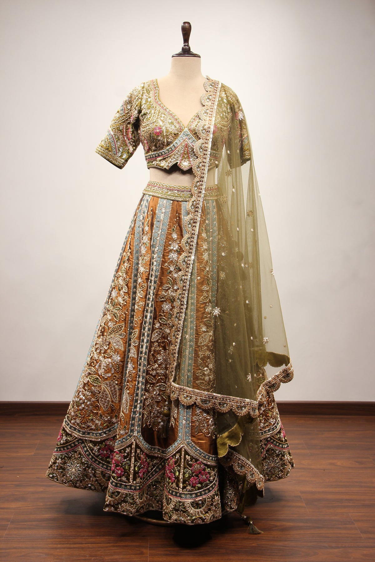 Mehendi Tissue Lehenga with Cut Dana & Sequin Handwork Crop Top – front view