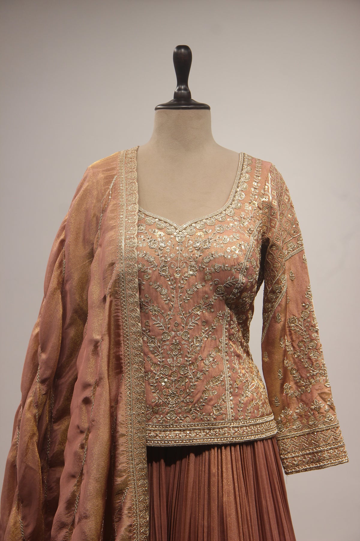Lilac & Coffee Tissue Lehenga with Zardozi, Zari & Sequin Embroidered Long Top