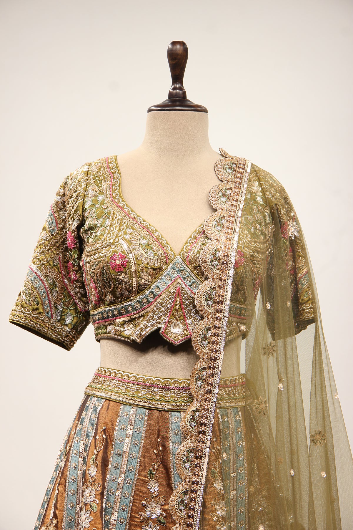 Mehendi Tissue Lehenga with Cut Dana & Sequin Handwork Crop Top – front close-up