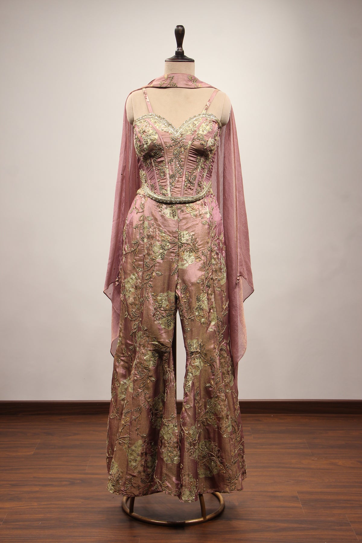 Tissue Onion Pink Indo Western Corset with Zardozi Cut Dana Handwork