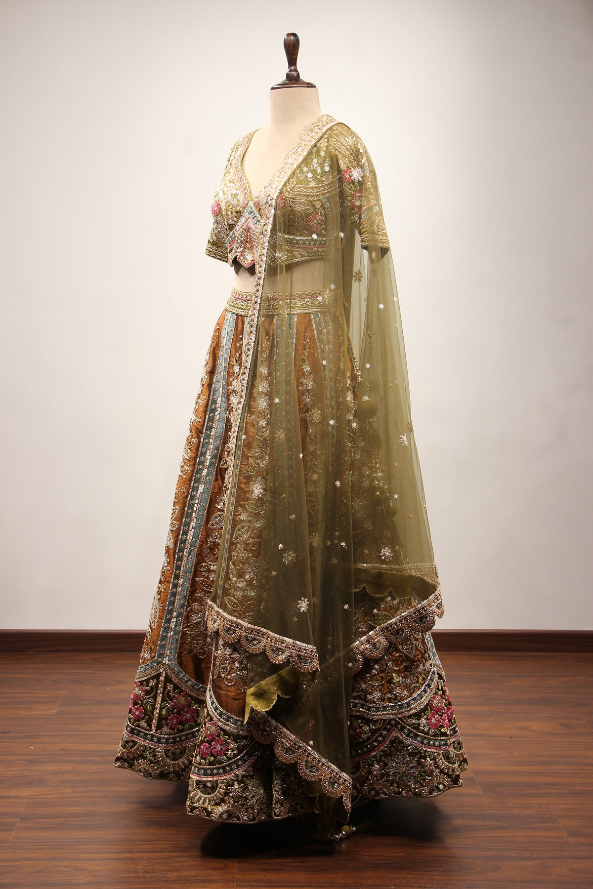 Mehendi Tissue Lehenga with Cut Dana & Sequin Handwork Crop Top – side view