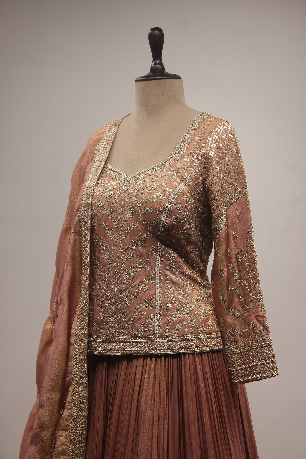 Lilac & Coffee Tissue Lehenga with Zardozi, Zari & Sequin Embroidered Long Top