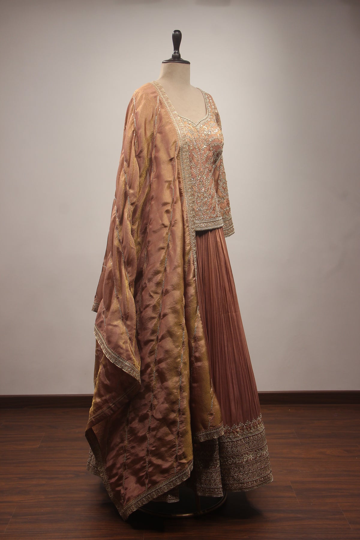 Lilac & Coffee Tissue Lehenga with Zardozi, Zari & Sequin Embroidered Long Top