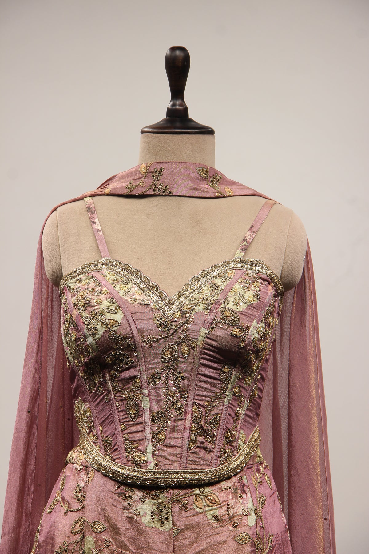 Tissue Onion Pink Indo Western Corset with Zardozi Cut Dana Handwork