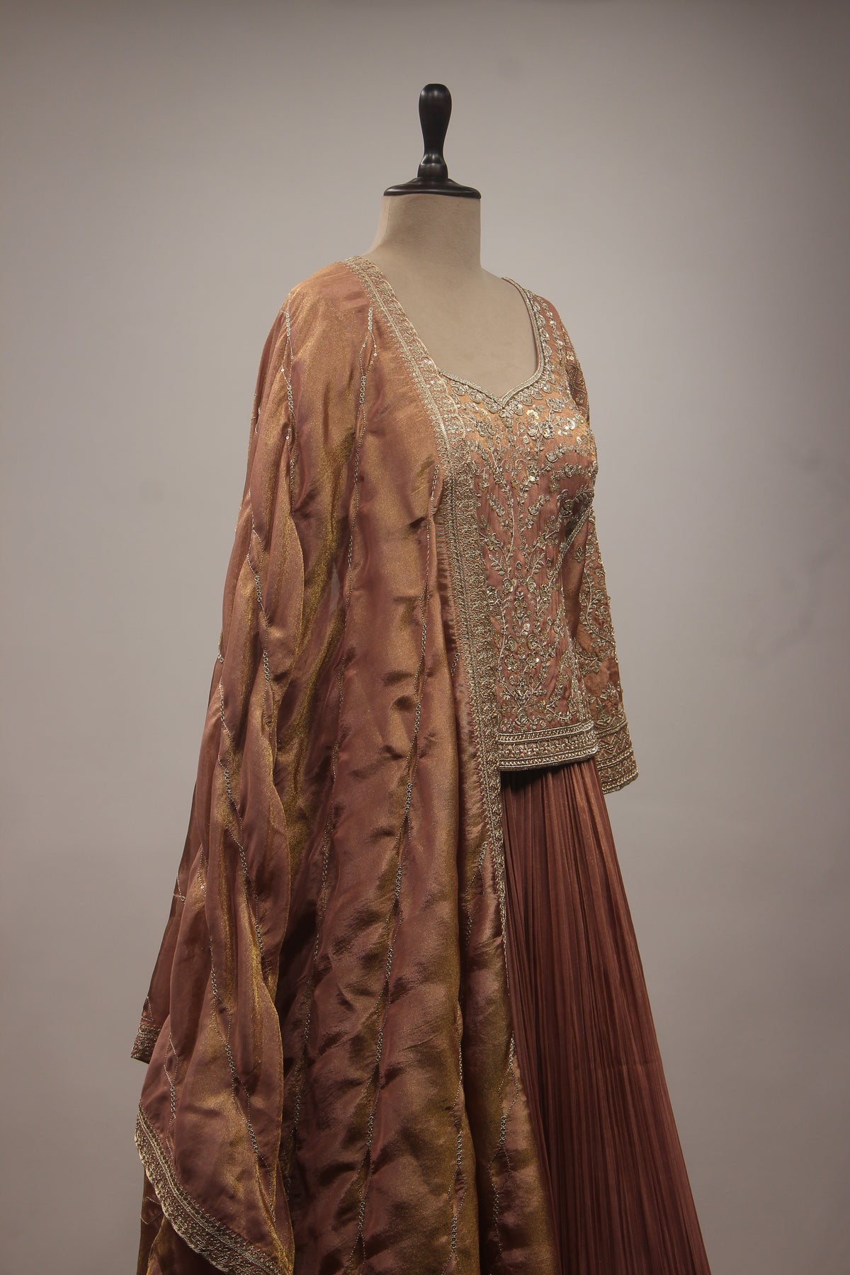 Lilac & Coffee Tissue Lehenga with Zardozi, Zari & Sequin Embroidered Long Top