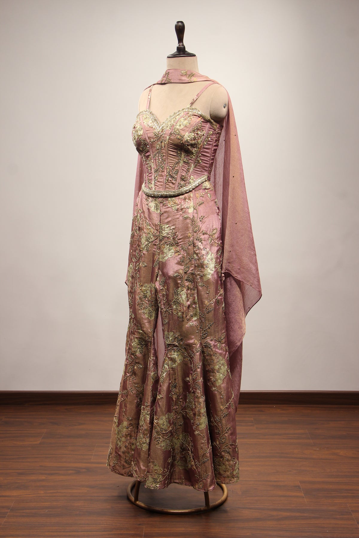 Tissue Onion Pink Indo Western Corset with Zardozi Cut Dana Handwork
