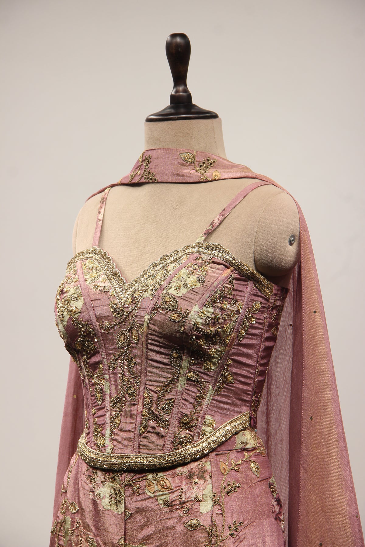 Tissue Onion Pink Indo Western Corset with Zardozi Cut Dana Handwork