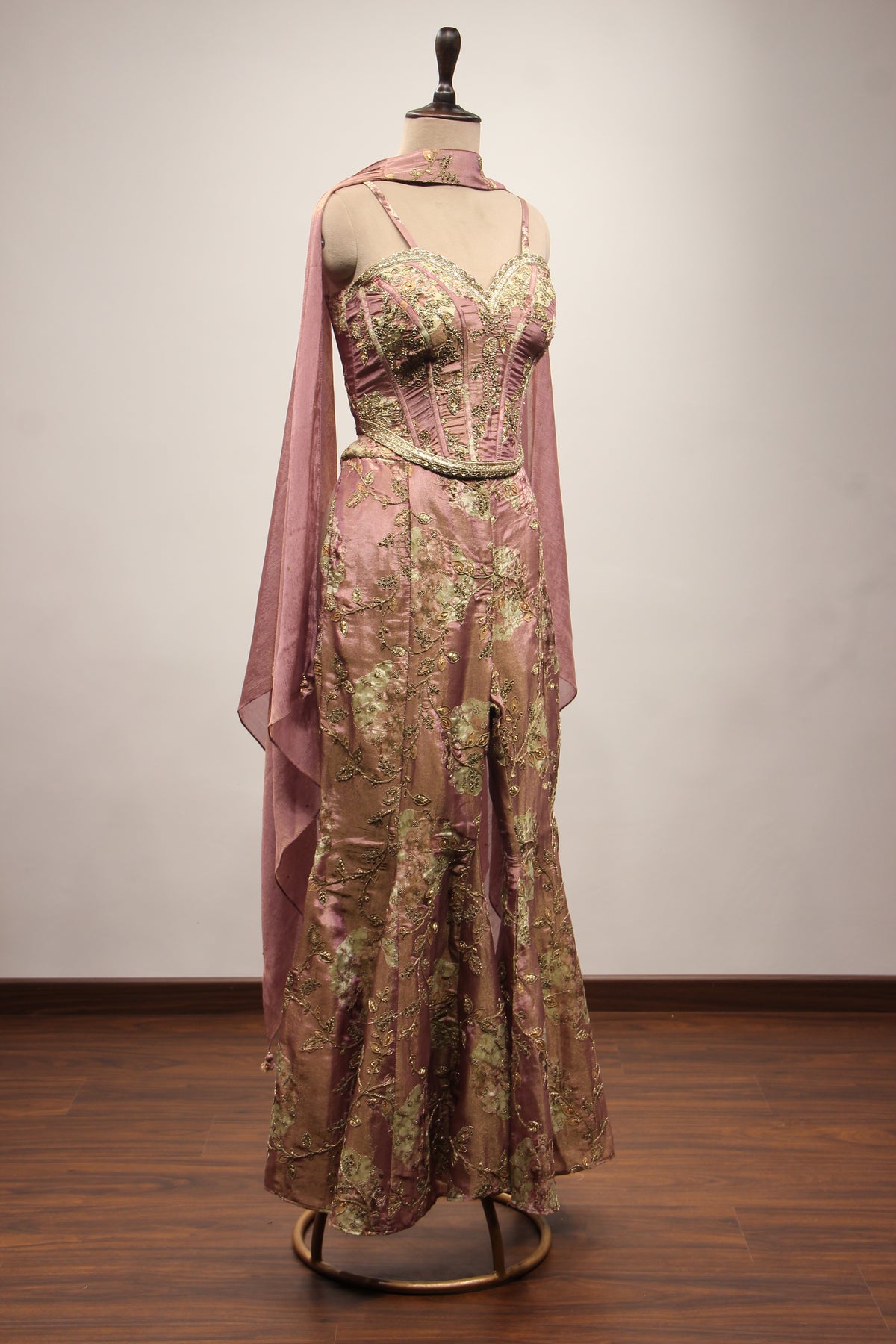 Tissue Onion Pink Indo Western Corset with Zardozi Cut Dana Handwork