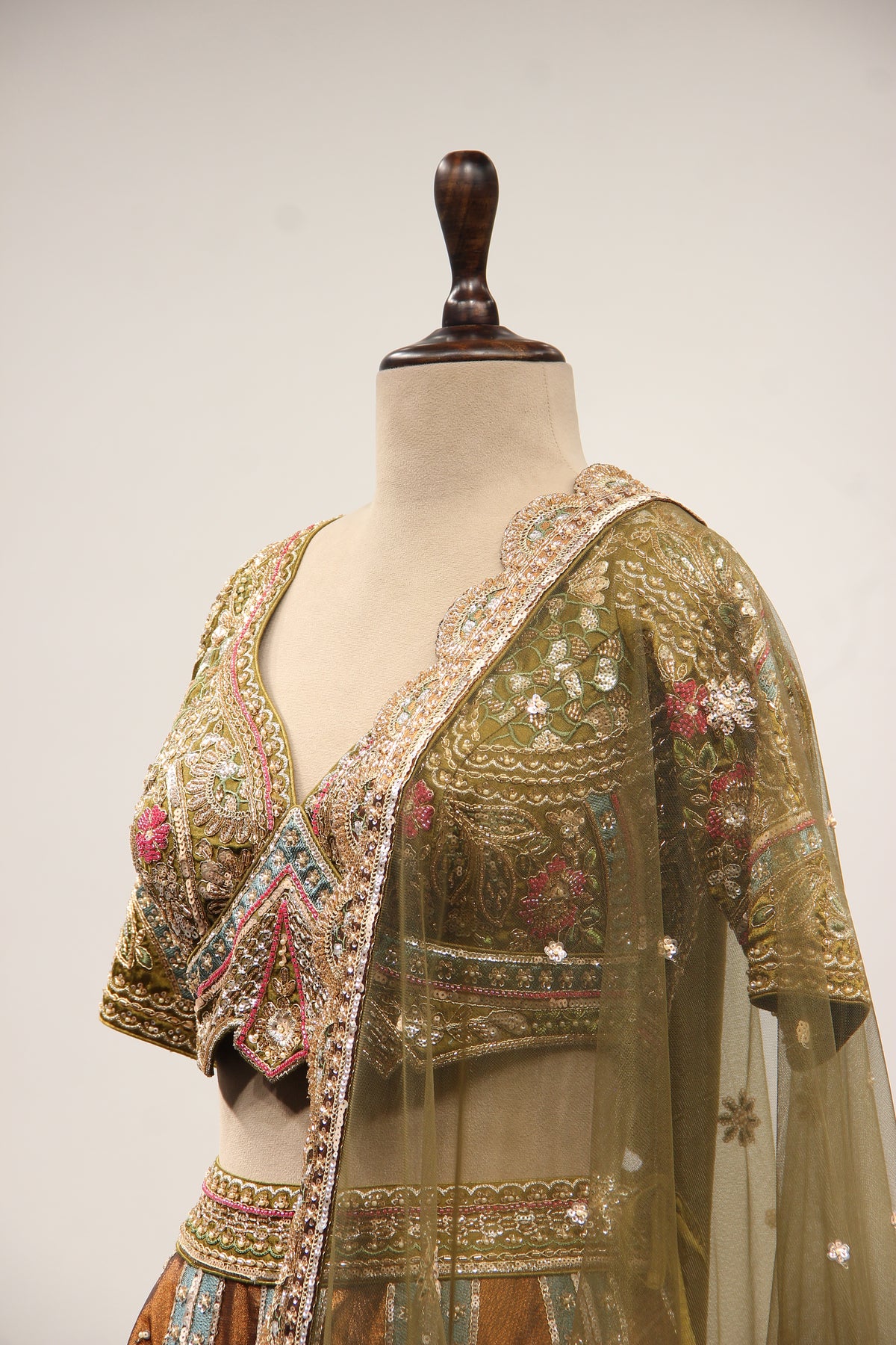Mehendi Tissue Lehenga with Cut Dana & Sequin Handwork Crop Top – side close-up