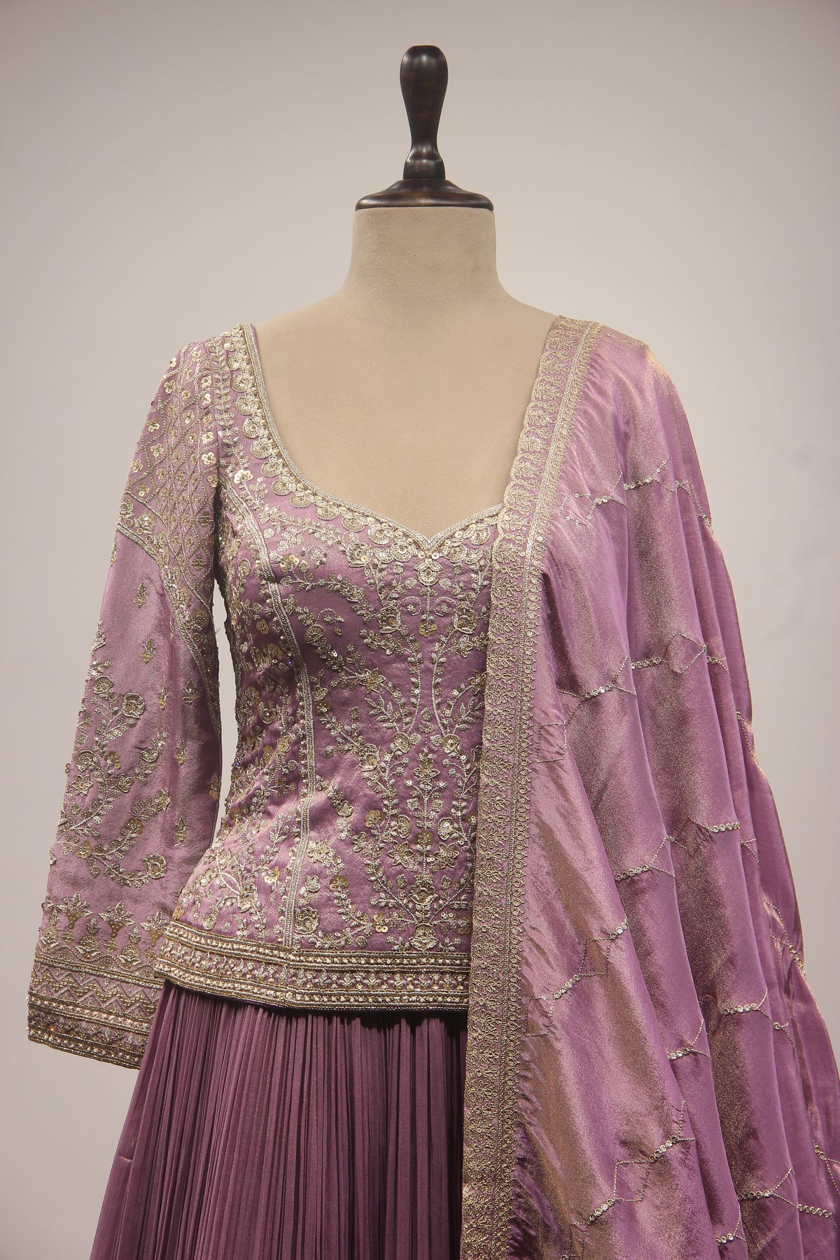 Lilac & Coffee Tissue Lehenga with Zardozi, Zari & Sequin Embroidered Long Top