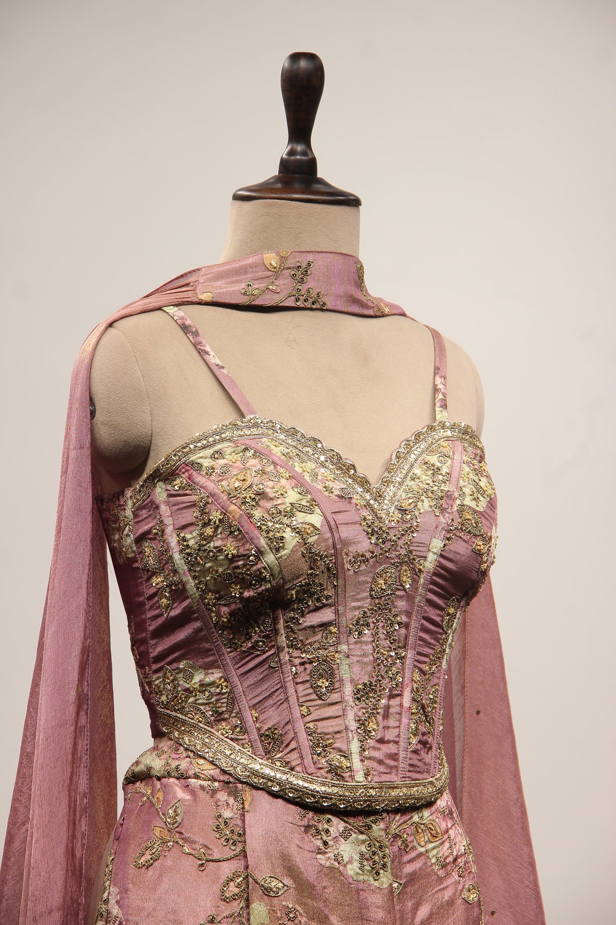 Tissue Onion Pink Indo Western Corset with Zardozi Cut Dana Handwork