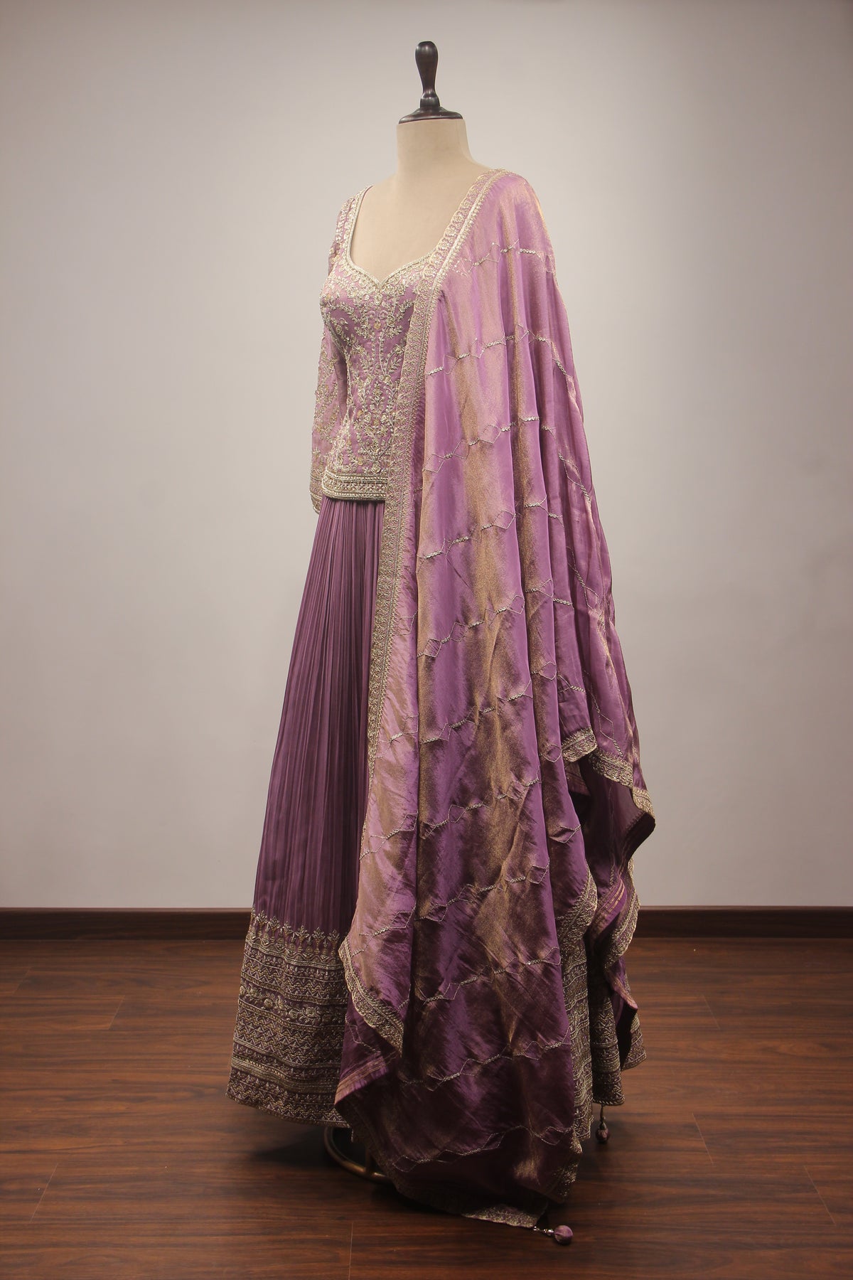 Lilac & Coffee Tissue Lehenga with Zardozi, Zari & Sequin Embroidered Long Top