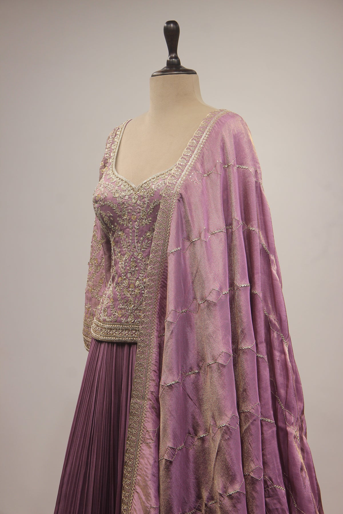 Lilac & Coffee Tissue Lehenga with Zardozi, Zari & Sequin Embroidered Long Top