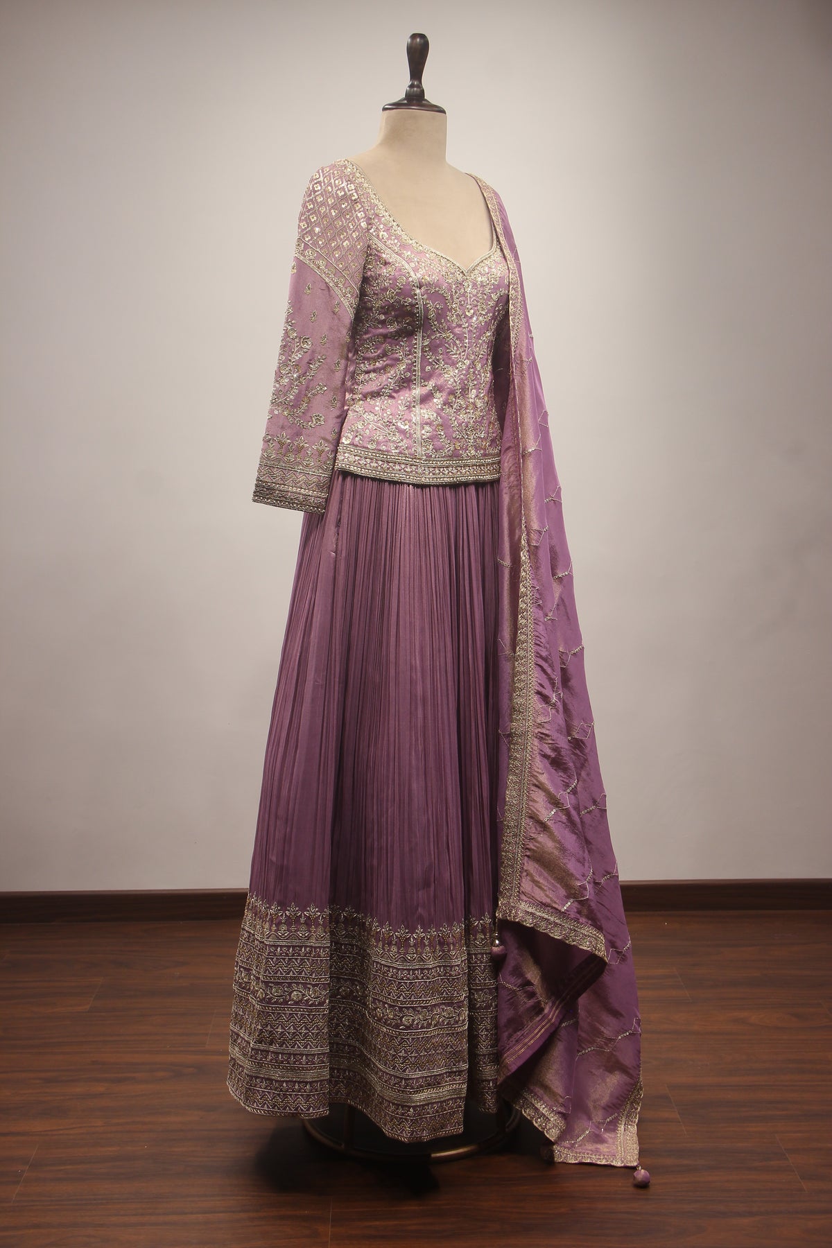 Lilac & Coffee Tissue Lehenga with Zardozi, Zari & Sequin Embroidered Long Top