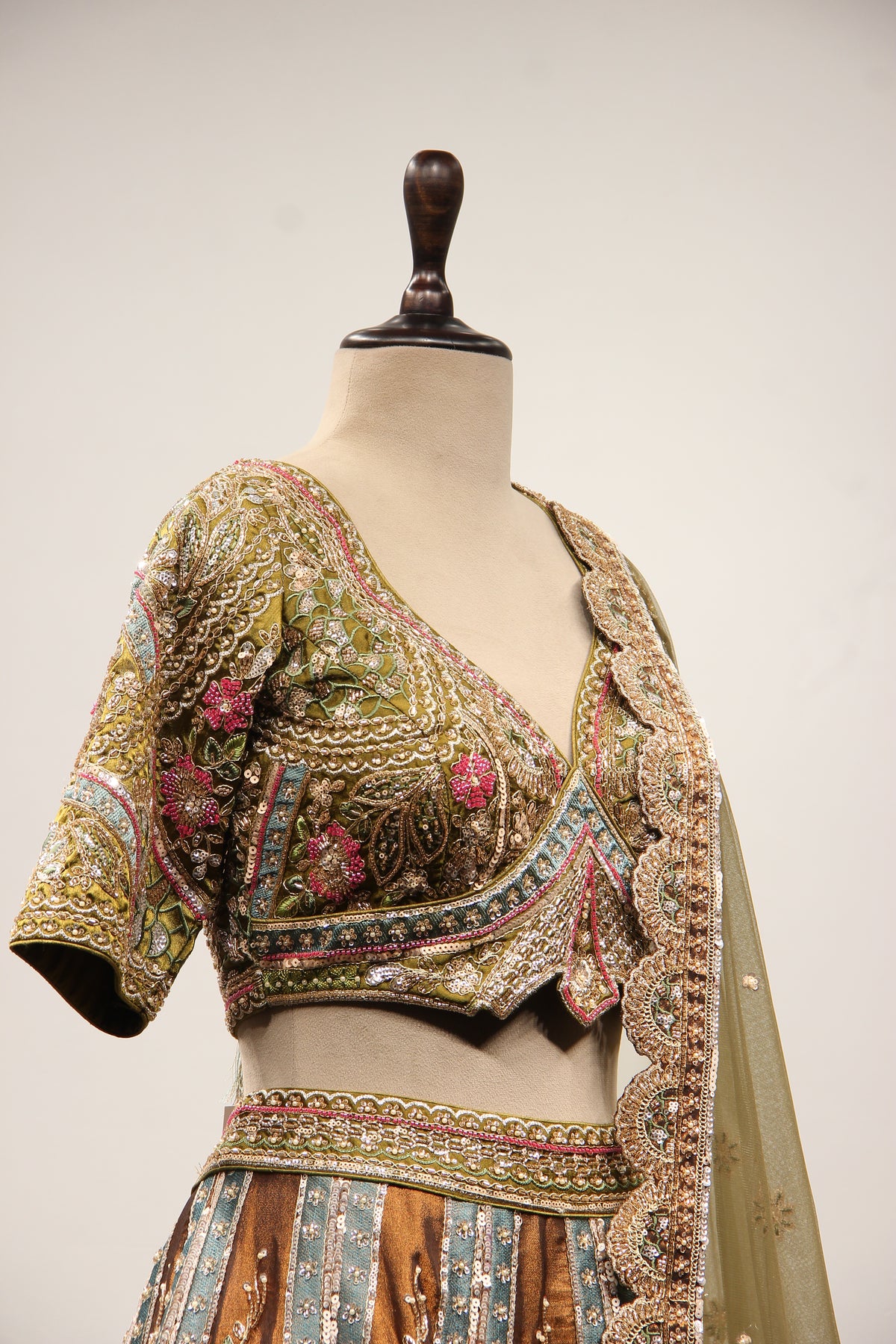 Mehendi Tissue Lehenga with Cut Dana & Sequin Handwork Crop Top – other side close-up