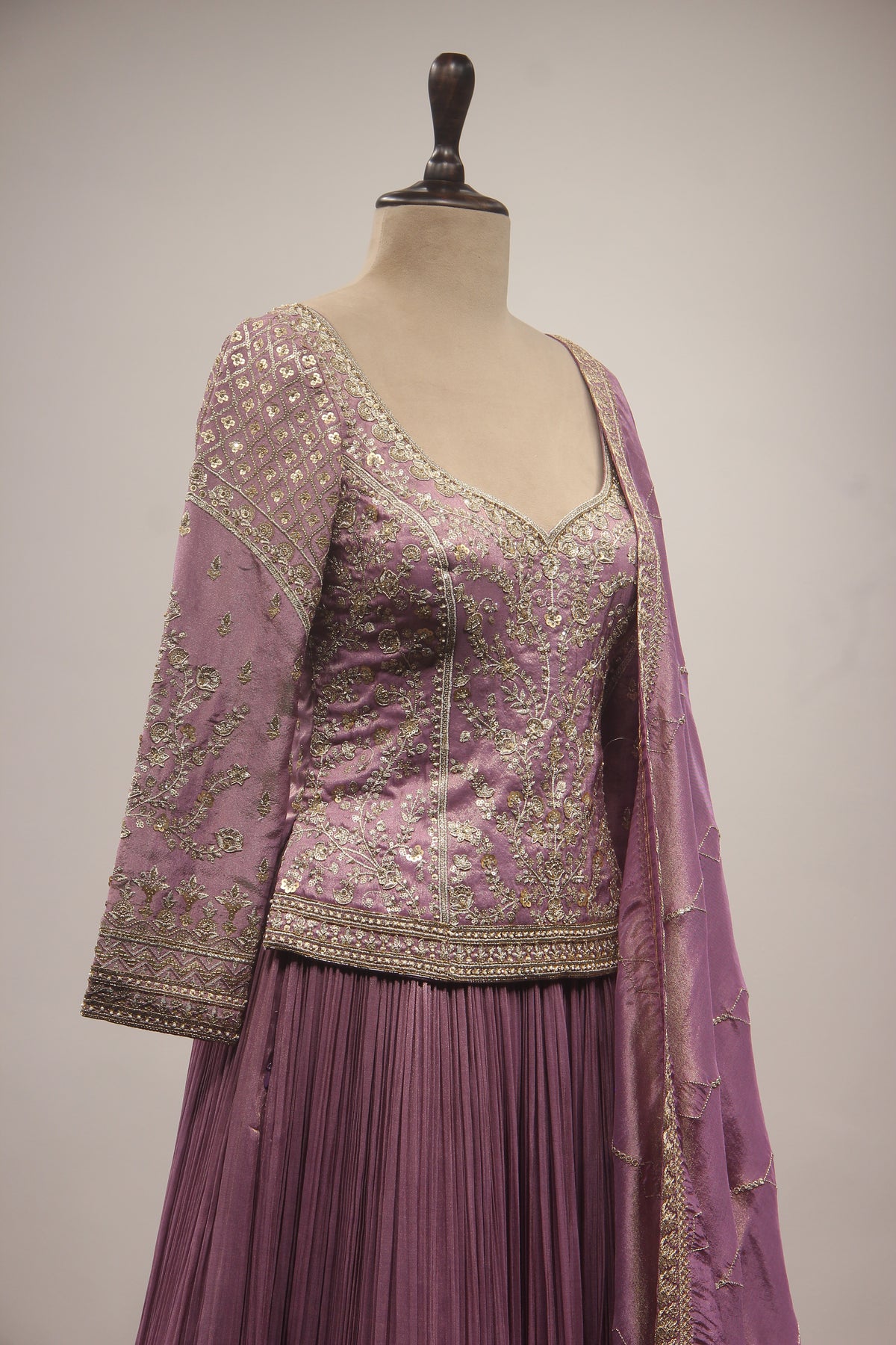 Lilac & Coffee Tissue Lehenga with Zardozi, Zari & Sequin Embroidered Long Top