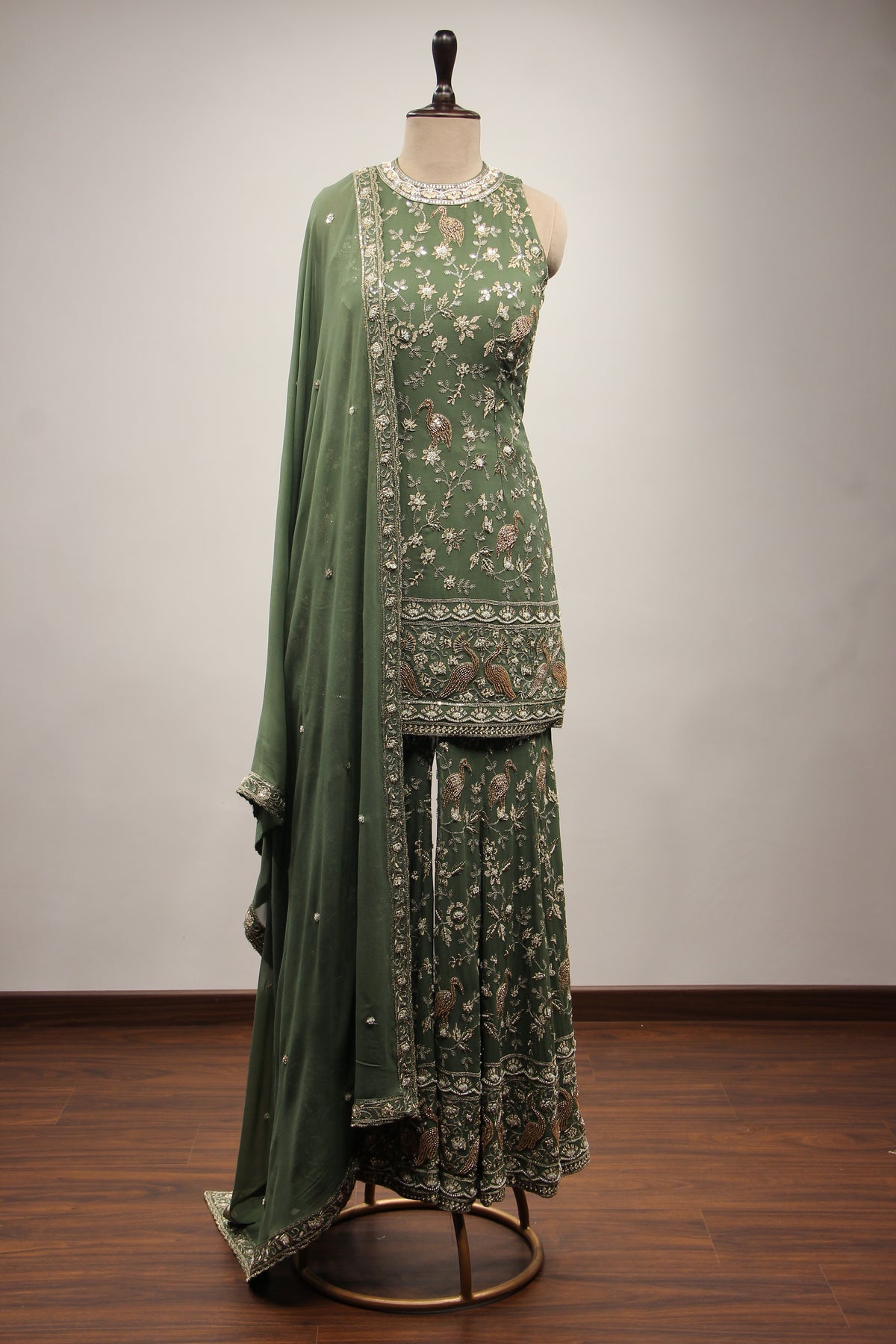 Georgette Dusty Green Indo Western Sharara with Cut Dana Bead Handwork