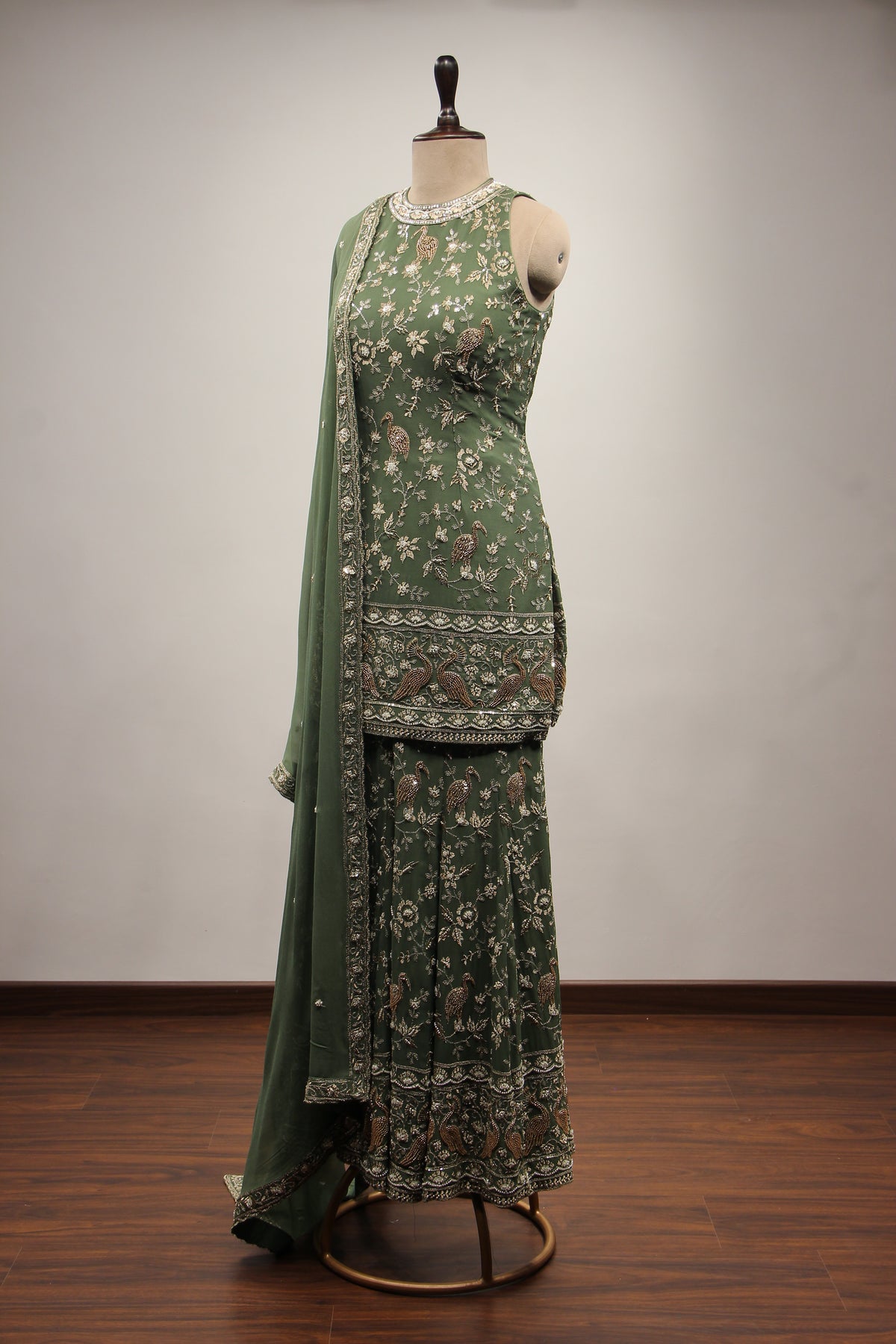 Georgette Dusty Green Indo Western Sharara with Cut Dana Bead Handwork