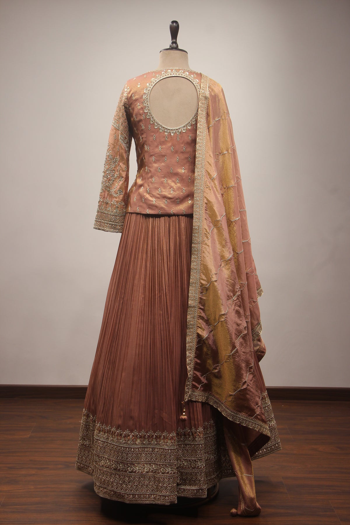 Lilac & Coffee Tissue Lehenga with Zardozi, Zari & Sequin Embroidered Long Top