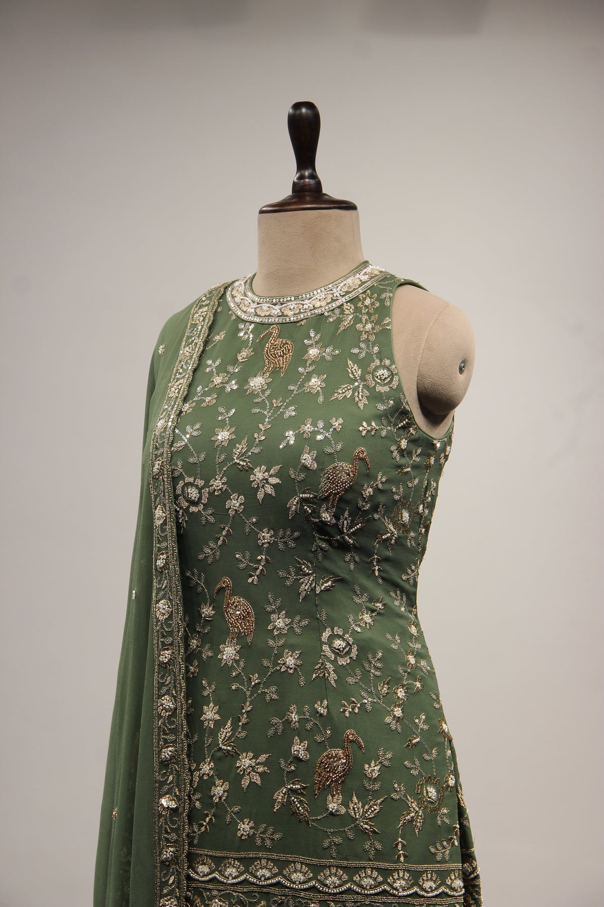 Georgette Dusty Green Indo Western Sharara with Cut Dana Bead Handwork