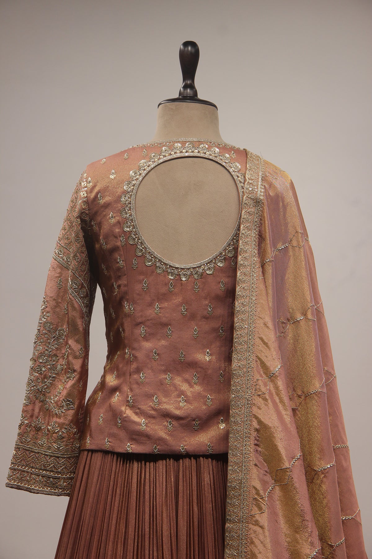 Lilac & Coffee Tissue Lehenga with Zardozi, Zari & Sequin Embroidered Long Top