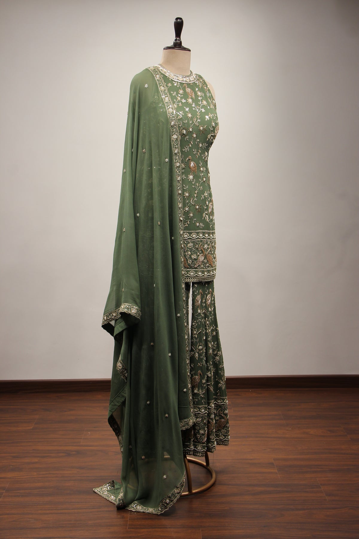 Georgette Dusty Green Indo Western Sharara with Cut Dana Bead Handwork