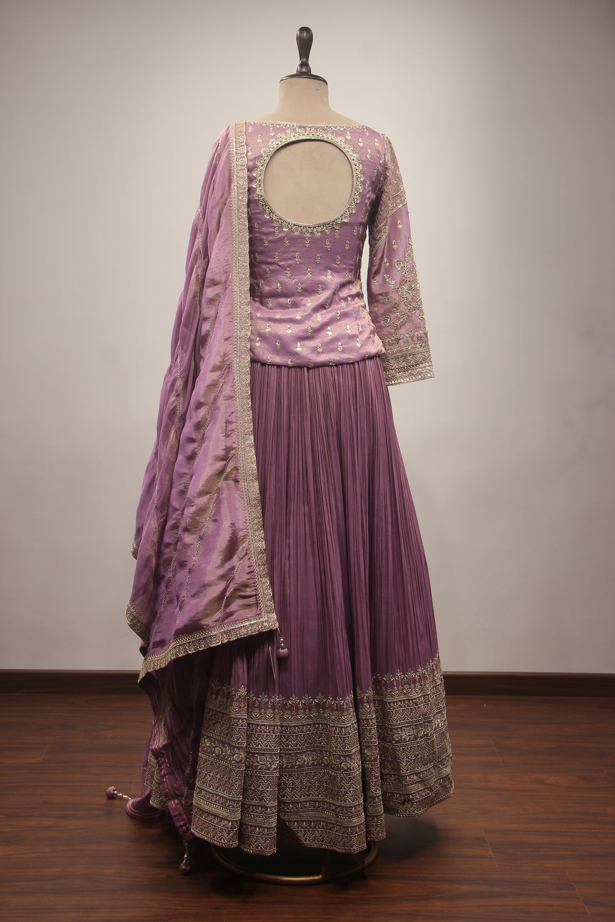 Lilac & Coffee Tissue Lehenga with Zardozi, Zari & Sequin Embroidered Long Top